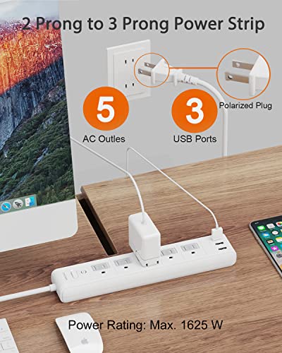 1625W 2 Prong Power Strip, Wrxdmc 2 Prong To 3 Prong Outlet Adapter, 5Ft Extension Cord With Polarized Plug, 1680J Surge Protector, 5 Ac Outlets & 3 Usb, Wall Mountable, Ideal For Non-Grounded Outlets #TOP1