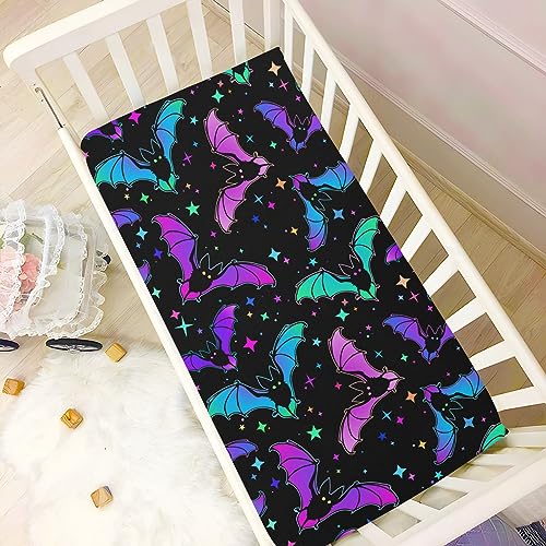 Image of Halloween Bats Stars Crib Sheets Soft Breathable Fitted Baby Playard Sheets Mattress Cover for Girl Boys, 39 inch x 27 inch x 5 inch
