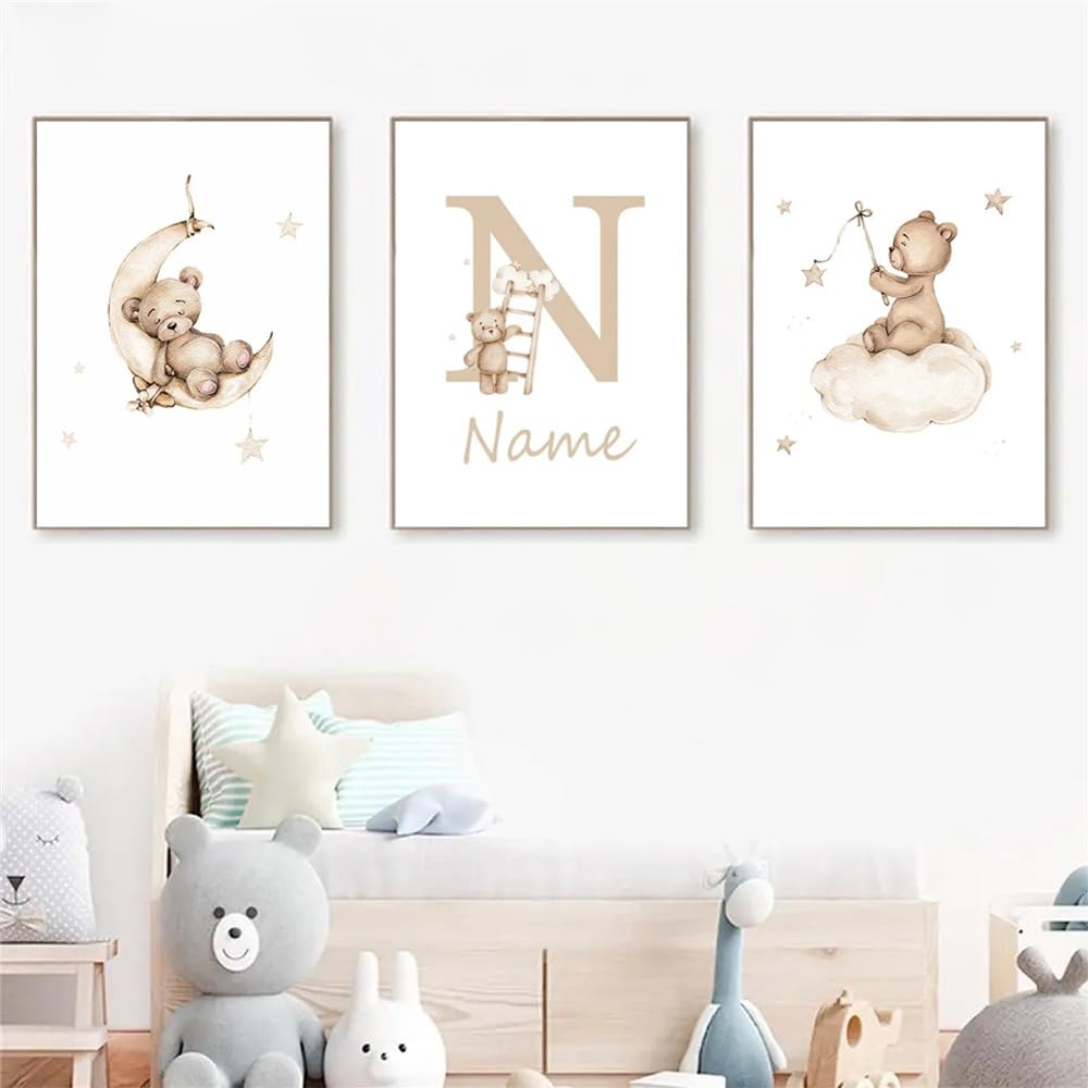 3 Affiche Ourson Chambre Bebe 30x40cm Tableau Personnalisé Prenom Enfant Poster Mural Bébé Fille Nuage Toile Animaux Enfant Garcon Affiche Chambre Bebe Beige Cadeau sans Cadre