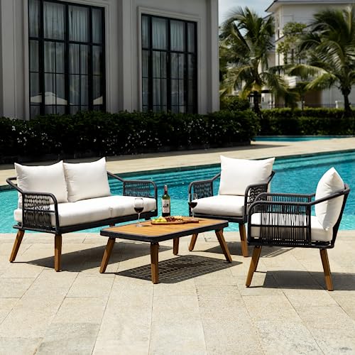 IDZO Serene Outdoor Conversation Sets, 800lbs Capacity FSC Certified Acacia Wood Outdoor Furniture with 3.9in Thick Soft Cushions, 4 Pieces Modern Rope_Cream Opal