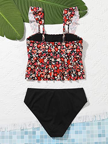 SOLY HUX Girl's Floral Print Ruffle Trim Bikini Swimsuit High Waisted 2 Piece Bathing Suit Swimwear Black Floral 12-13Y - Image 2