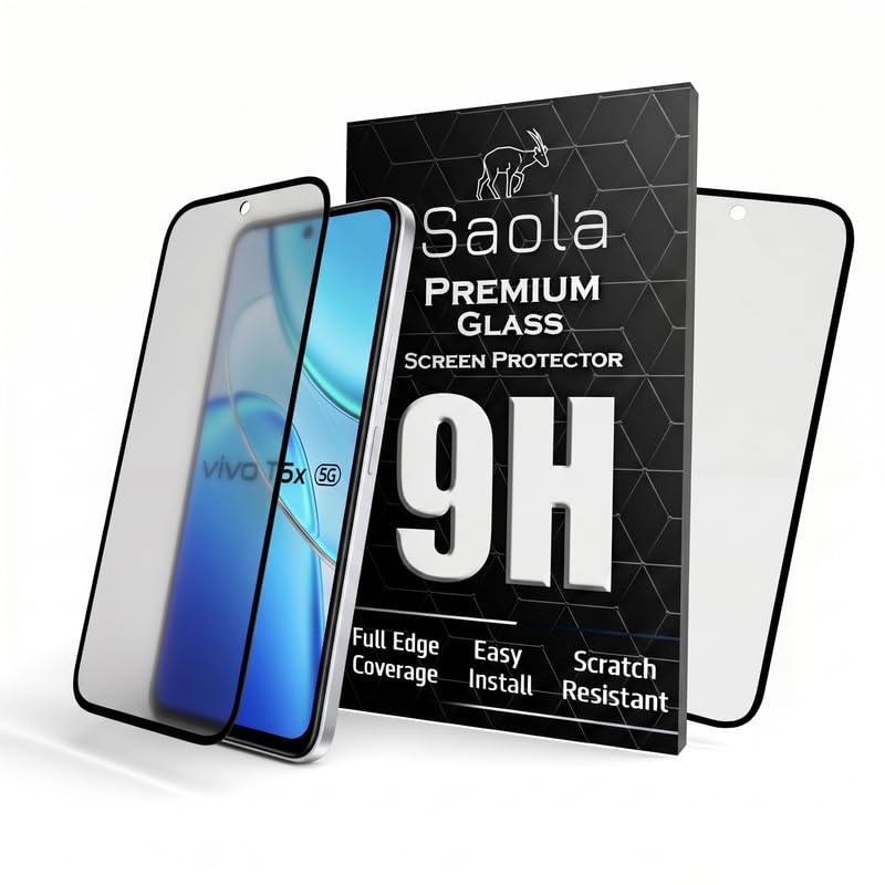 Image of Saola HD Matte Tempered Glass With 18H Hardness For Vivo T5x (Pack Of 2) with Hassle-less Installation Kit. Full screen Coverage. 6.76 inch