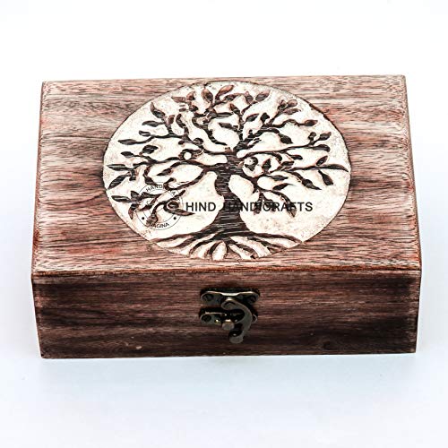 Image of Antique Handmade Wooden Urn Tree of Life Engraving Handcarved Jewellery Box for Women-Men Jewel | Home Decor Accents | Decorative Boxes | Storage & Organiser (7 inch x 5.5 inch x 3.5 inch, Tree - 3 White)