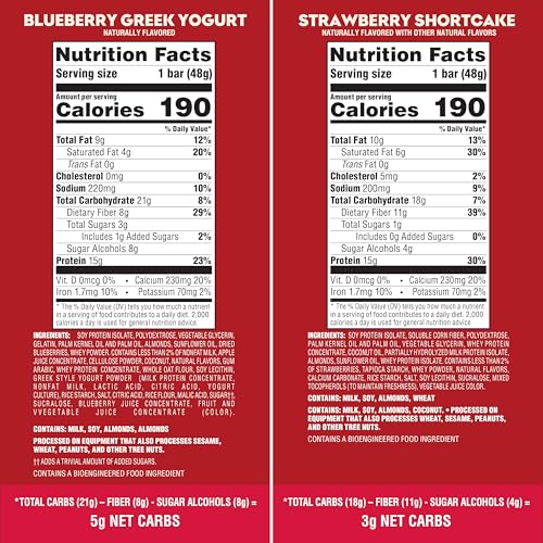 Image of Atkins Blueberry Greek Yogurt & Strawberry Shortcake High Protein Bar, High Fiber, Keto Friendly, 12 Count (6 Bars Each Flavor)