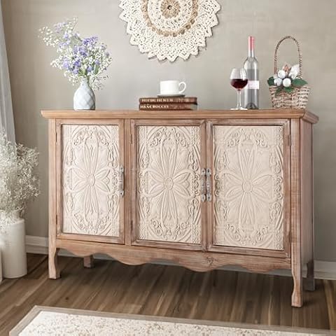 May in Color Vintage Sideboard Buffet Cabinet with Shelves, Rustic Accent Cabinet with 3 Carved Doors, Wood Storage Cabinet for Kitchen, Dining Room, Living Room, Bedroom, Natural Cover