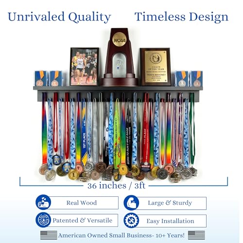 Image of MedalAwardsRack 3ft- Ultimate Medal Hanger Display and Trophy Shelf - Multi-Sport Trophy and Medal Holder for Medal Display, Plaques, Pictures, Trophies and more. Solid Wood - Large 36 inch - Black