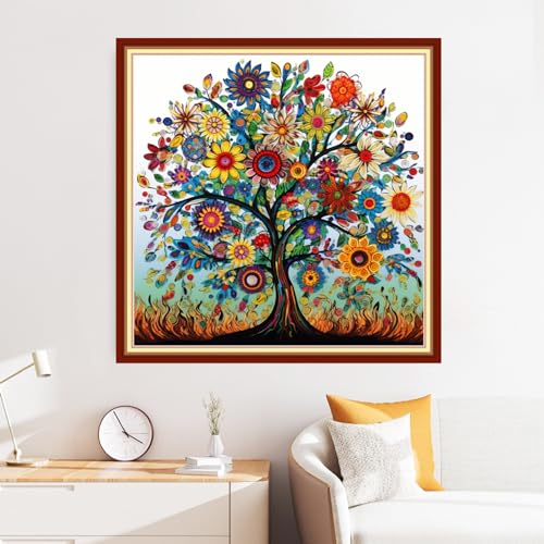 Image of Disxvivy Cross Stitch Stamped Full Embroidery Kits DIY 11CT Cotton Thread Printed DIY Needlepoint Kits Craft Needlework Set Cross-Stitch Stamped Sets-Colorful Life Tree 18x18 inch