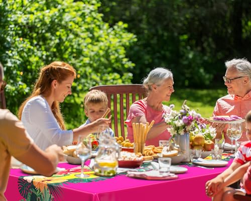 Image of Irenare 6 Sheets Hawaiian Luau Tablecloths for Party Decoration 54 x 108'' Tropical Palm Leaves Table Cloth Hawaii Disposable Rectangular Plastic Table Cover for Summer Beach (Rose Red)