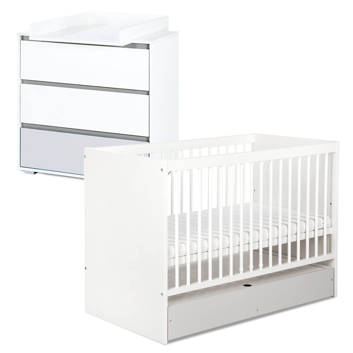 Mon Mobilier Design Dalia Ensemble Commode à Langer + lit bébé évolutif Blanc 120X60 + tiroir