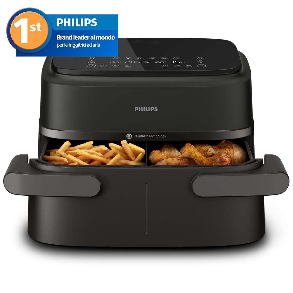 Philips Airfryer Serie 1000, Friggitrice ad aria con singolo/doppio cestello flexi da 7.1L e separatore, doppia resistenza e termostasti separati, RapidAir, 10 modalità, compatto, HomeID (NA154/00)