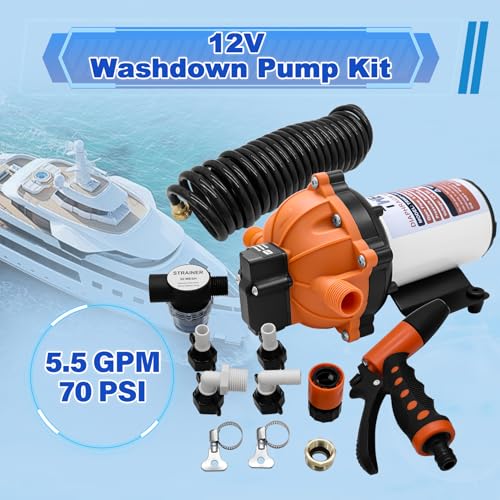Image of Upgraded 5.5 GPM 70 PSI Washdown Deck Wash Pump Kit, 12V Washdown Pump Kit,5 Chamber Self-Priming RV Fresh Water Pump for RV,Boat,Sprayer,Travel Trailers,and Yacht