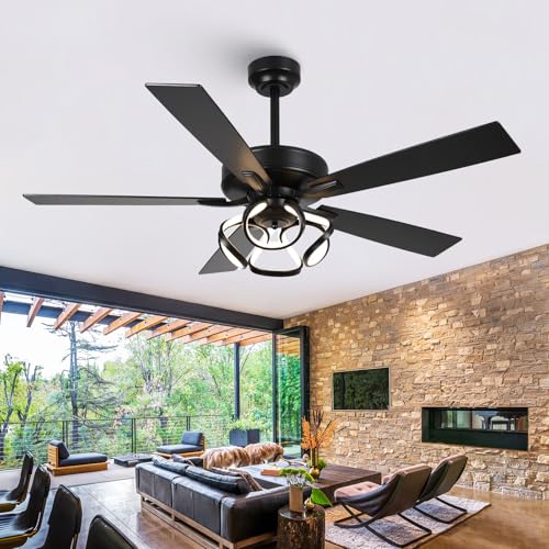 Image of 52 Inch Ceiling Fans with Lights, Creative Modern Black Ceiling Fan and Remote, Dimmable, 6 Speeds, Quiet, Dual-Sided Reversible 5 Blades Indoor Outdoor Chandelier Fan for Bedroom Living Room