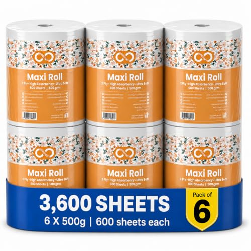 Brandsfinity Maxi Roll Pack of 6 Rolls 3600 sheets 500g x 2 Ply Highly Absorbent Multi Purpose Kitchen Tissue Paper Towel for all Surfaces