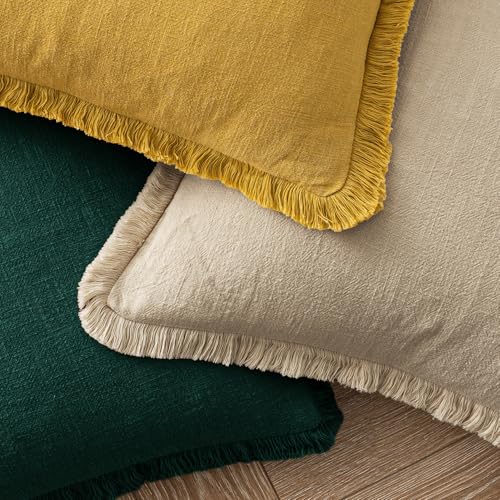 Image of MIULEE Decorative Throw Pillow Covers Neutral Linen Fringe Throw Pillows Set of 2 Beige Boho Farmhouse Cushion Covers with Tassels for Couch Sofa Bed Living Room Spring Home Decor 16x16 Inch