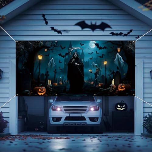 Pancarta de Halloween para puerta de garaje con diseño de cementerio de terror para exterior 7