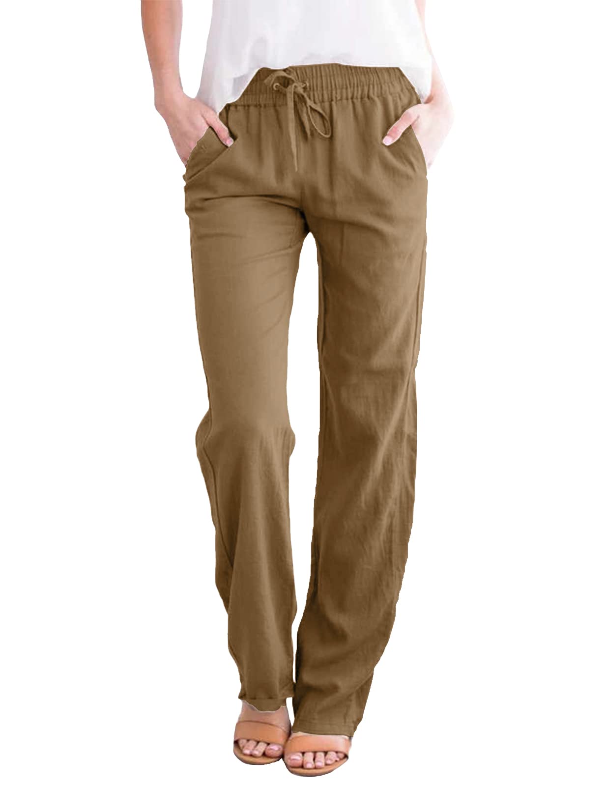 Yuson Girl Pantaloni Donna Tinta Unita Casual Pantaloni Elastico Pantaloni Leggeri Estivi Traight con Coulisse Pants Pantaloni in Cotone e Lino con Tasche
