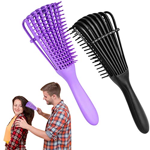 Hunputa Detangler Brush, Detangling Brush Hair Detangler Comb for Wet or Dry Curly Thick American Afro 3a to 4c Hair for Adult & Kids (Black & Purple)