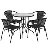 Flash Furniture 28'' Round Glass Metal Table with Black Rattan Edging and 4 Black Rattan Stack Chairs