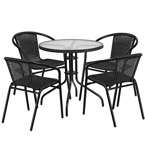 Flash Furniture Lila 28'' Round Glass Metal Table with Black Rattan Edging and 4 Black Rattan Stack Chairs