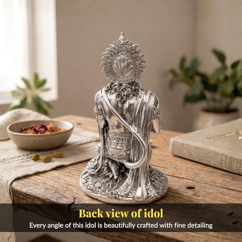 Image of Silver Plated Hanuman Idol - 7 Inch Divine Kneeling Bajrangbali Statue with Gada for Home Mandir and Office Sanctuary - Auspicious Vastu Decor and Spiritual Gift with Anti-Tarnish Finish