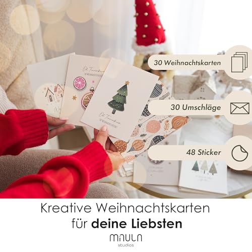 Milula Studios 30 Weihnachtskarten Mit Umschlag - Adventskarten A6 - Karten Weihnachten Set - Christmas Cards - Weihnachtskarte Set Postkarten - Weihnachten Karten Set Für Weihnachten - Set