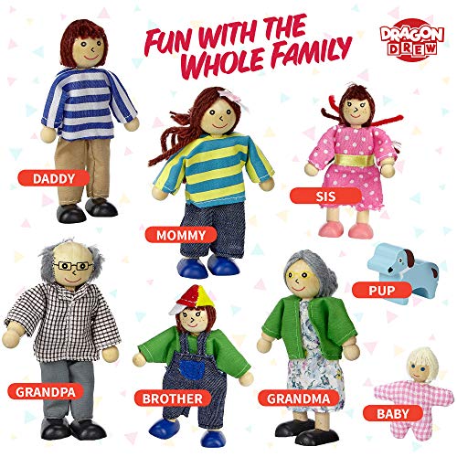 Wooden Dollhouse Family Set - 8 Piece Kit with Mom, Dad, Grandparents, Children, Baby and Dog – 100% Natural Wood, Nontoxic Paint, Smooth Edges