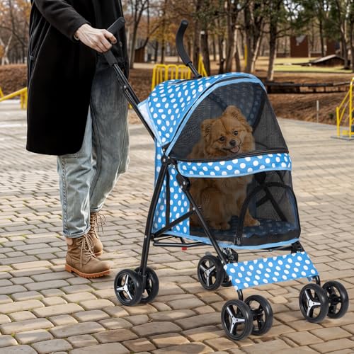 Image of Magshion Compact Fold Pet Travel Stroller for Small Dogs Cats | Up to 22lbs, 4-Wheel Lightweight Umbrella Shaped Design, Safety Tethers, Breathable Mesh, Cup Holder & Rear Storage