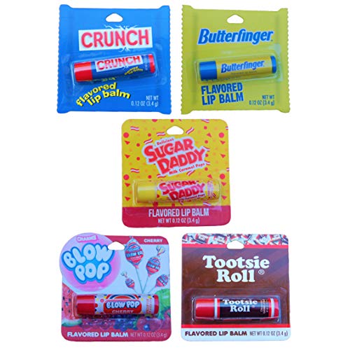 5 Pack Chocolate and More Flavored Lip Balms - Sugar Daddy Milk Caramel, Nestle Butter Finger, Nestle Crunch, Tootsie Roll, Charms Blow Pop (Cherry)