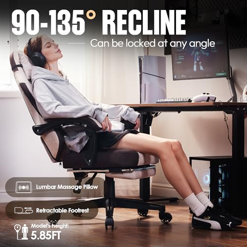Image of Dowinx Gaming Chair Fabric with Pocket Spring Cushion, High Back Ergonomic Computer Chair with Footrest for Adults, Massage Lumbar Support Swivel Game Chair for Office Gaming 300LBS, Brown