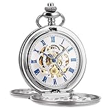 ManChDa Pocket Watch Retro Smooth Classic Mechanical Hand-Wind Pocket Watch Steampunk Roman Numerals Fob Watch for Men Women with Chain + Box