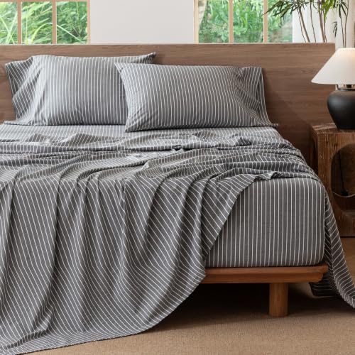 Image of MooMee Striped Sheet Set 100% Washed Cotton Linen Like Queen