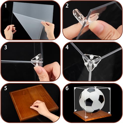 Image of Hooqict Soccer Ball Display Case Clear Acrylic 9 inch Full Size with Solid Wood Base UV Protected Soccer Ball Case Holder Display Stand Square Box for Sports Collections Autographed Ball Memorabilia Gifts
