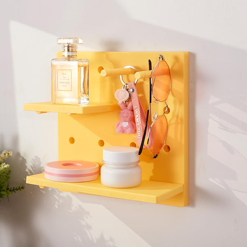 Stecktafel-Set aus Kunststoff, dekorativ, wandmontiert, schwimmendes Regal, Stecktafel-Wandregal, Organizer, Eingangs-Organizer mit Schlüsselhaken für Schlafzimmer, Bad und Küche, Gelb, 4 Stück