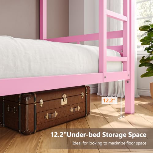 Image of iPormis Metal Bunk Bed Twin Over Twin, Heavy Duty Bunk with High Guardrail and Safety Entrance Design, Under-Bed Storage Space, Easy Assembly, Noise Free, Pink