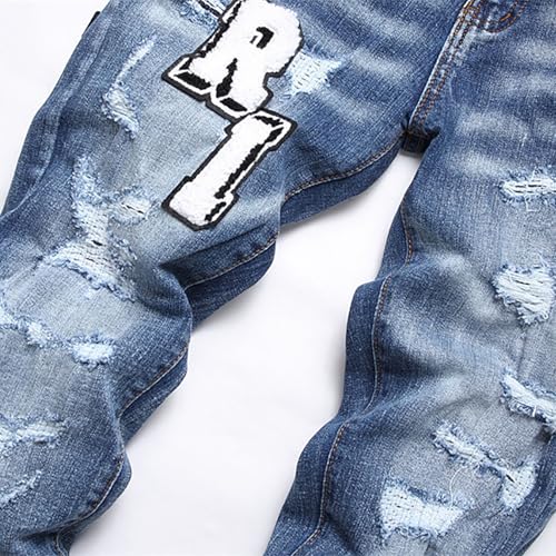 Blue Men's Denim Jeans, Elastic Slim Fit Denim Jeans, Stylish Versatile Denim Jeans, Embroidered Trendy Denim Jeans,383