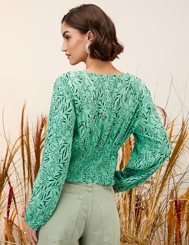 Image of Amazon Brand - Eden & Ivy Women Floral Crinkled Rayon V-Neck Long Sleeve Regular Fit Crop Top (Available in Plus Sizes)