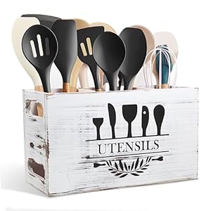 Osimiccp Large Kitchen Utensil Holder for Countertop or Counter,Rustic White Wooden Cooking Utensil Holder with 3 Compartments Organizer
