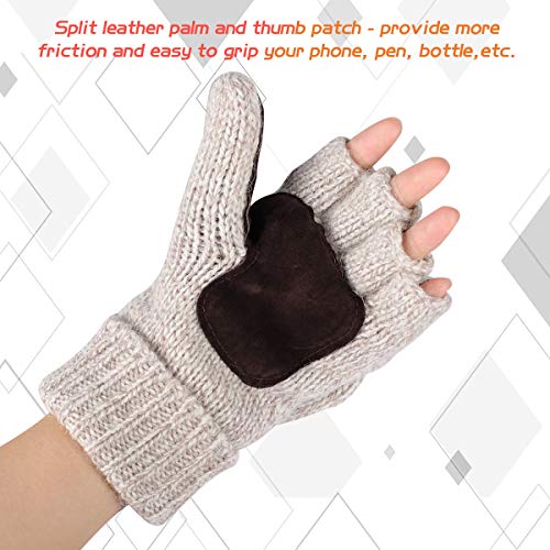 Bodvera ST-FG-BEIGE Thermal Insulation Fingerless Texting Wool Gloves For Women And Men Winter Warm Knitted Convertible Mittens Flap thumb #3