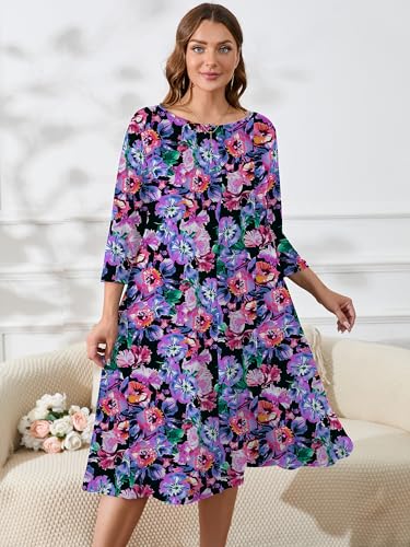 Image of AusLook Women's Plus Midi Dresses Crew Neck A Line 3 /4 Sleeves Casual Elegant Loose Wedding Vacation Dress with Pockets