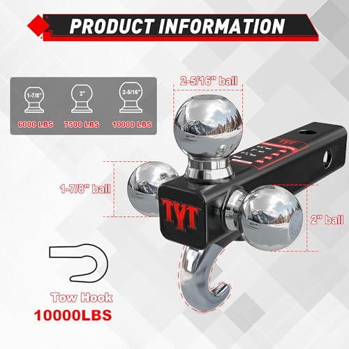 Image of TYT Trailer Hitch Tri Ball Mount with Tow Hook,Fits 2 inch Receiver,Triple Balls (1-7 /8 inch, 2 inch, 2-5 /16 inch),10,000 lbs GTW,1,000 lbs TW,with Hitch pin