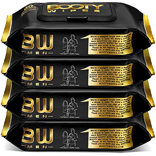 BOOTY WIPES for Men - Flushable Wet Wipes for Adults, Man Wipes Infused with Vitamin-E & Aloe (320 Wipes Total - 4 Flip-Top Packs of 80) Biodegradable, Hypoallergenic, Alcohol Free