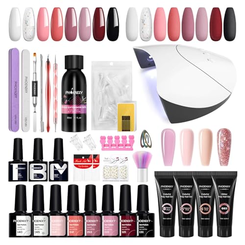 Phoenixy Kit Uñas de Gel 8 Colores Pintauñas Semipermanentes + 4 Colores Gel de Extensión de Uñas Kit Uñas Semipermanente con U V/LED Lámpara