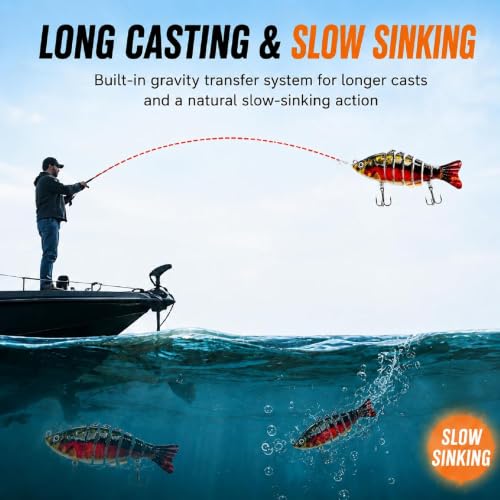 Image of Multi Jointed Swimbait Hard Lure, 3.7in Slow Sinking Fishing Lures with Realistic S-Shaped Swimming Action, Built-in Gravity Transfer System & #6 Treble Hooks for Bass, Trout, Pike, Topwater Lure