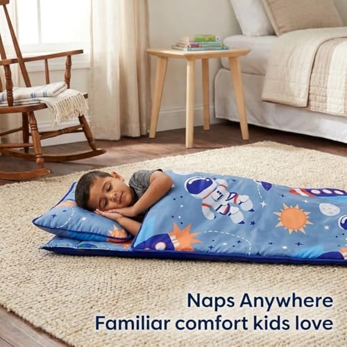 Image of EVERYDAY KIDS Nap Mat w /Removable Pillow -Outer Space Adventures- Carry Handle with Straps Closure, Rollup Design, Soft Microfiber for Preschool, Daycare, Travel Sleeping Bag - Ages 3-6 Years