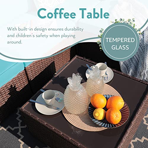 Oc Orange-Casual 6-Piece Outdoor Patio Sectional Sofa Set Brown Wicker Furniture Set With Turquoise Seat Cushions & Tempered Glass Coffee Table #TOP4