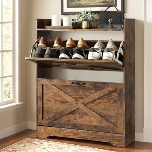 Image of Huisenitre Shoe Cabinet with 2 Flip Drawers & Adjustable Shelf,Wood Shoe Organizer,Freestanding Hidden Shoe Storage Cabinet for Entryway,Hallway (Brown)