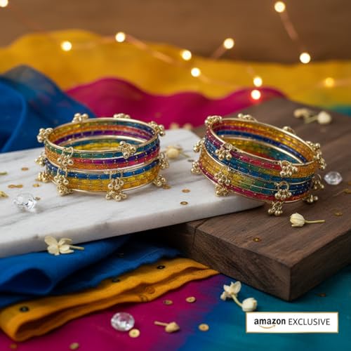 Image of NEW SURYA ENTRPRISES Kashmiri Ghangharoo Glass Bangle Set for Women|Light Weight Bangles|Traditional Transparent Fancy Glass Chudi Set Of 16(12 Glass + 4 ghungroo bangles)