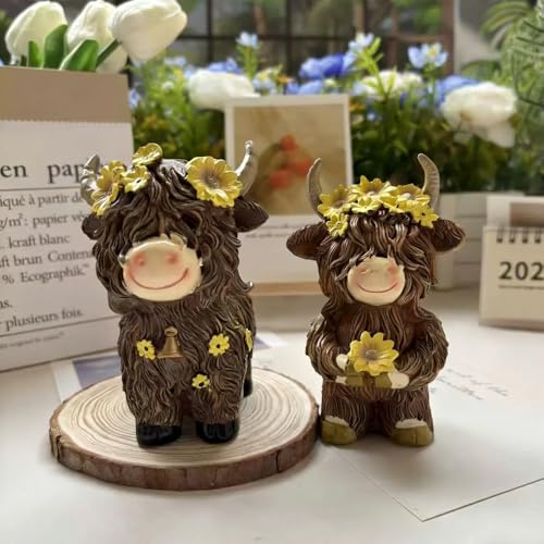 Cute Highland Cow Figurines 2 Pcs, Resin Statues Adorable Farm Animal Collectible Ornaments for Desk Shelf Home Garden Decor (Yellow) - Image 3