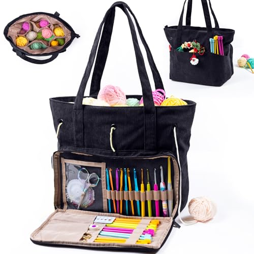 Image of MYBAGZING Large Yarn Tote Organizer - Corduroy Knitting Storage Holder for Yarn, Hooks & Accessories, Portable Craft Carryall for Crocheting Lovers, Mother's Day Gift