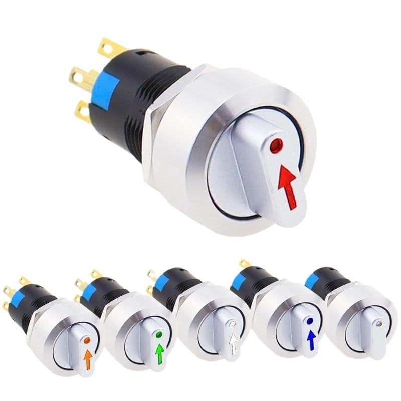 1PCS 16mm Metal Rotary selector Switch 2 3-Position Switch 12V Led red and Green Stainless Steel Push Button Switch 1NO1NC self-Locking SPDT(Red,12V LED)